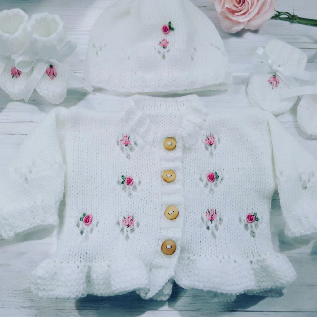 Hand Knitted Baby Girl Outfit with Matching Hat, Mittens & Booties | Embroidered Baby Shower Gift