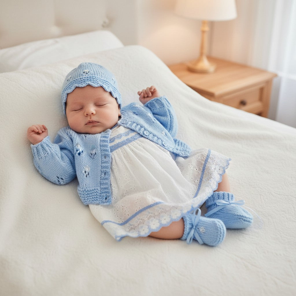 Girls' Knitted Outfit with Scalloped Hem & Embroidery – Matching Hat, Mittens, and Boots Set