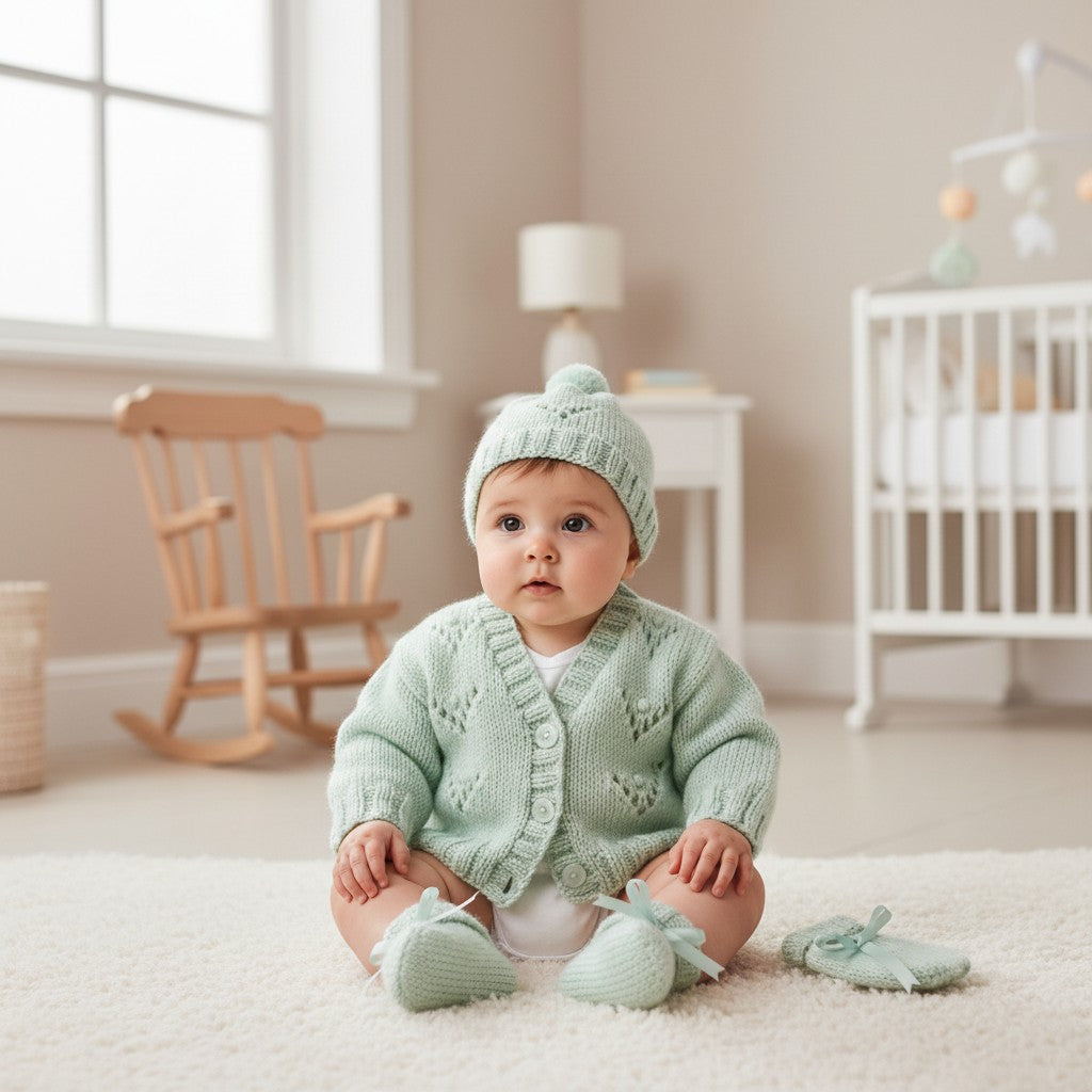 Gorgeous Hand-Knitted Unisex Baby Cardigan with  Matching Hat, Booties & Mittens