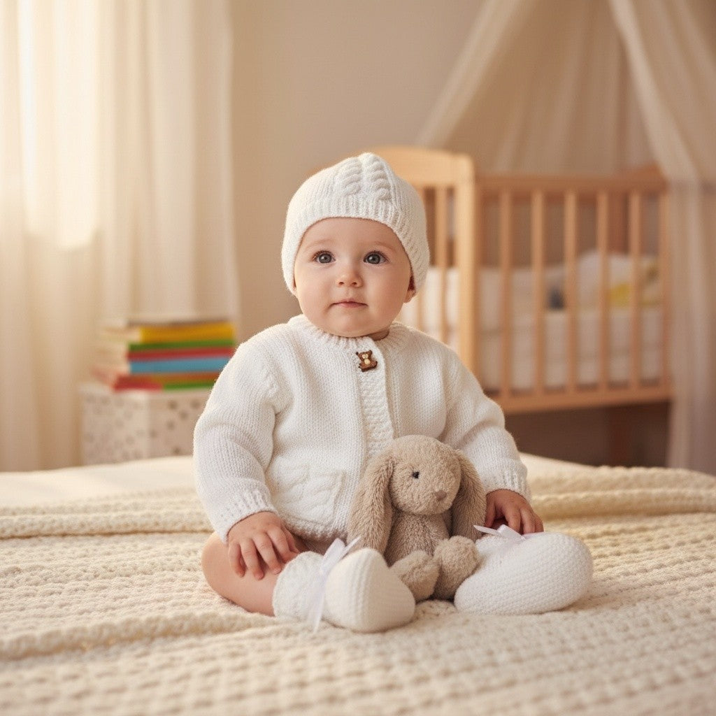 Boys' Cable Design Knitted Cardigan with Matching Hat and Boots – Classic Baby Boy Sweater Set