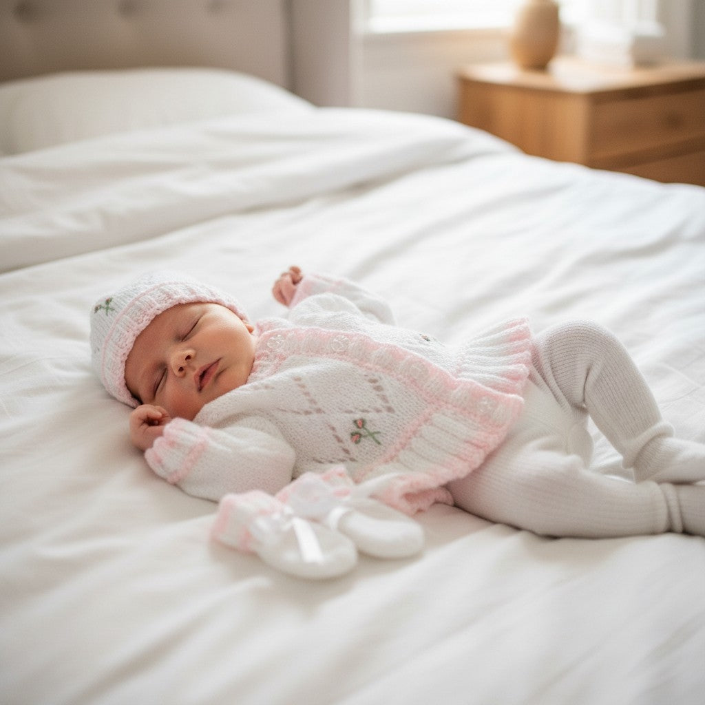 Frilly Baby Girl Cardigan with Beautiful Embroidery – Matching Hat, Mittens, and Boots Set