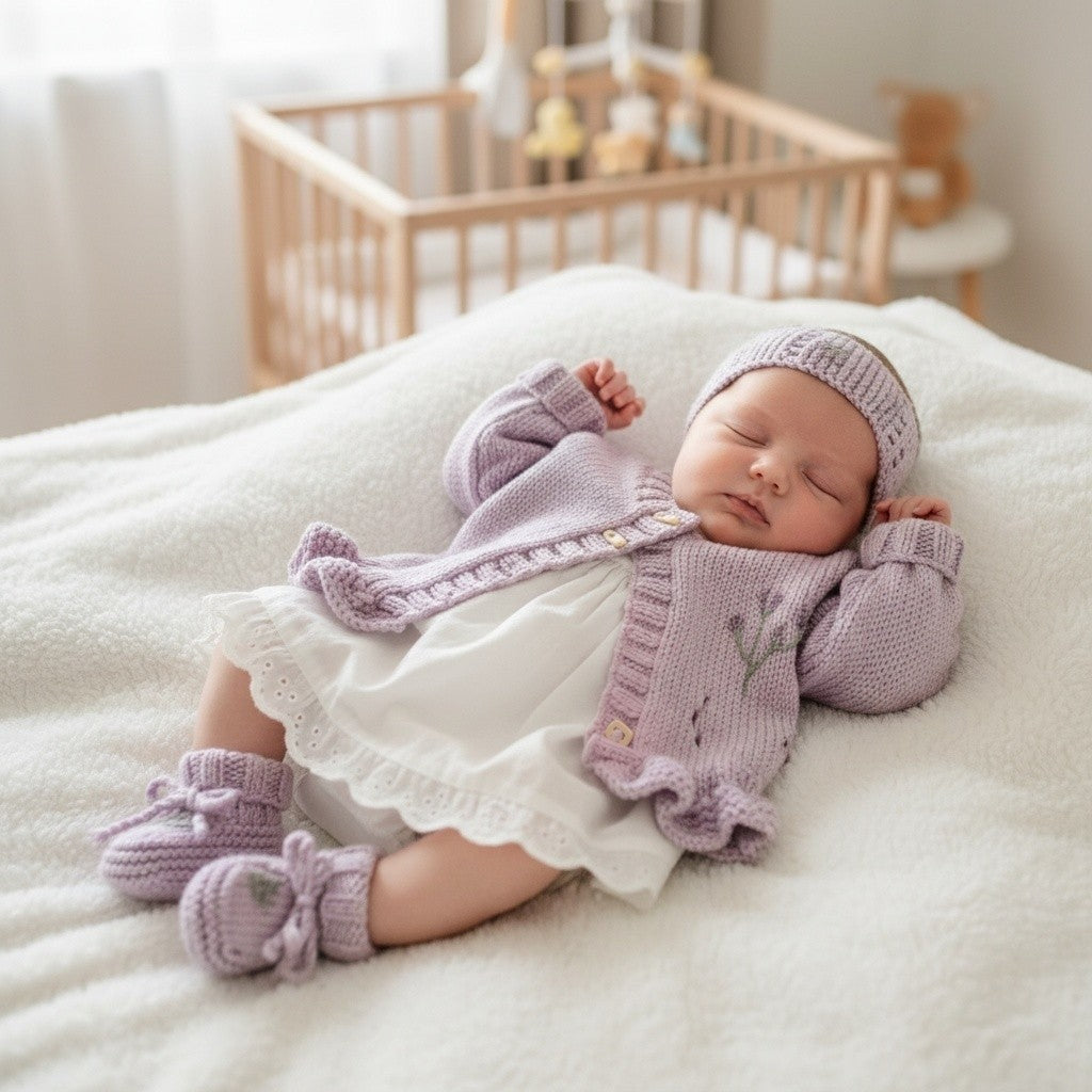 Girls knitted cardigan with matching headband & boots, beautifully embroidered outfit