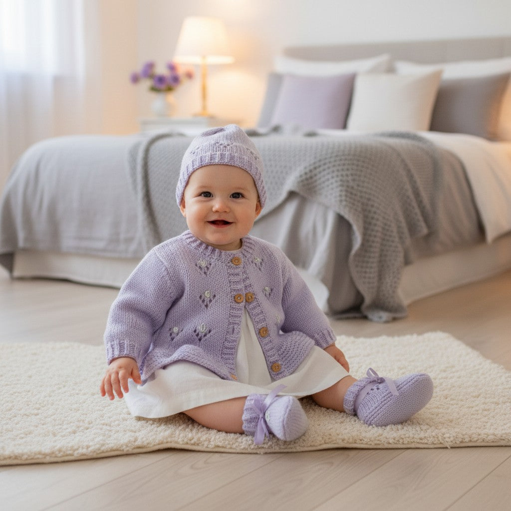 Hand Knitted Baby Girl Outfit with Matching Hat, Mittens & Booties | Embroidered Baby Shower Gift
