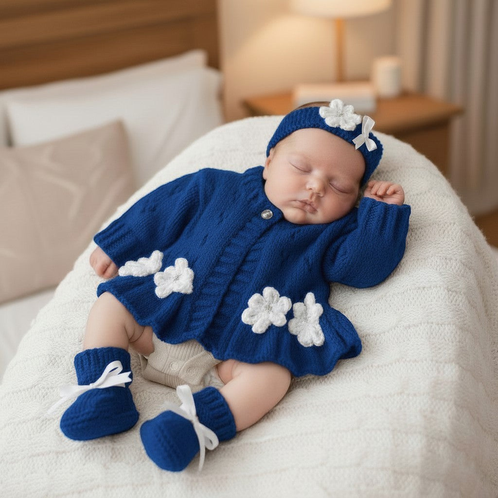 Boutique baby girl knitwear set handmade with premium yarn in royal blue with knitted white flowers, featuring a frilly cardigan and matching knitted accessories.