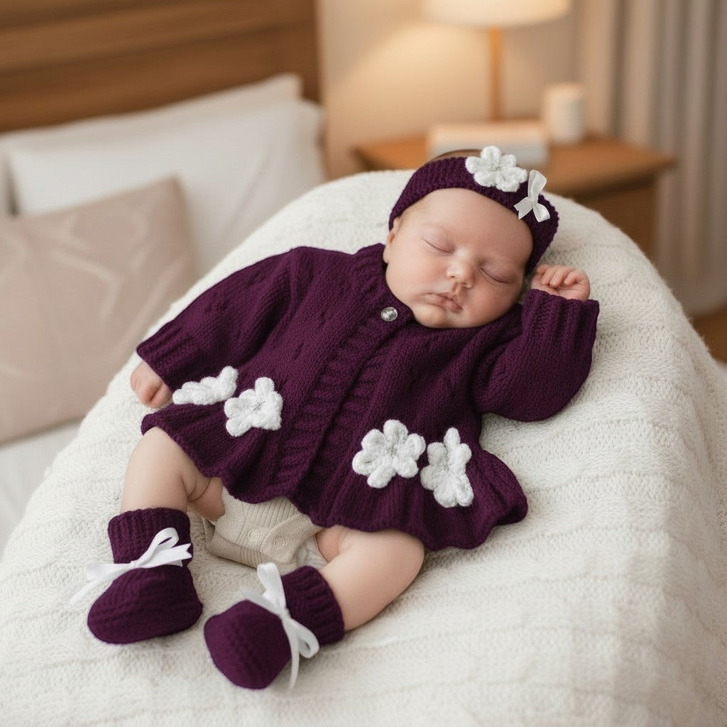 Boutique baby girl knitwear set handmade with premium yarn in plum with knitted white flowers, featuring a frilly cardigan and matching knitted accessories.