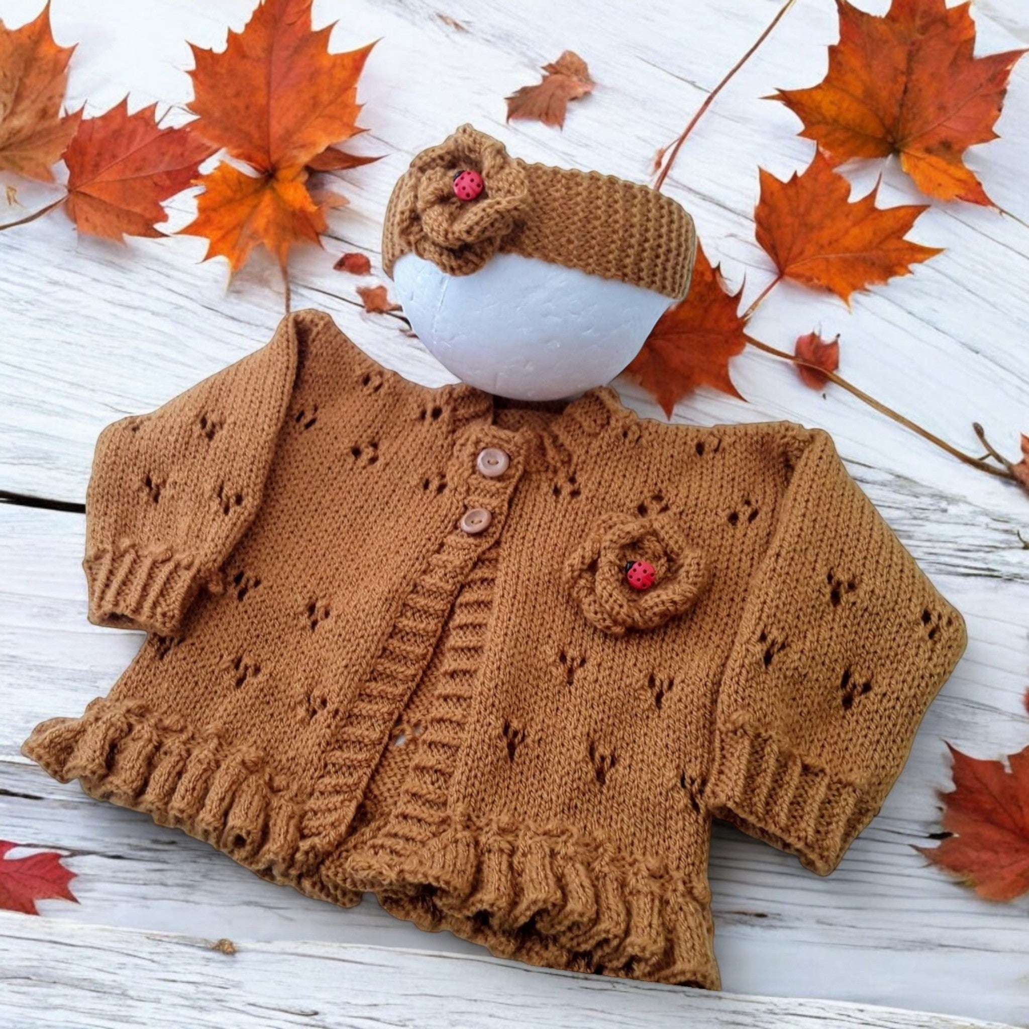 Baby Girl Knitted Outfit Set – Frilly Embroidered Cardigan with Matching headband in mustard trimmed with knitted flower and ladybird