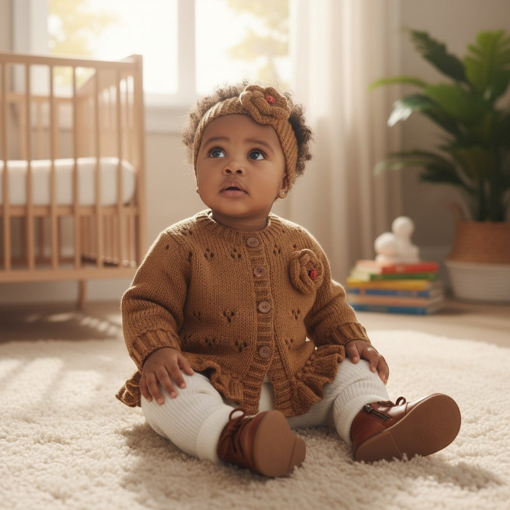 Baby Girl Knitted Outfit Set – Frilly Embroidered Cardigan with Matching headband in mustard trimmed with knitted flower and ladybird