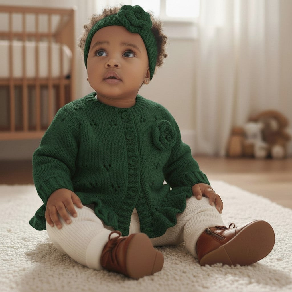 Baby Girl Knitted Outfit Set – Frilly Embroidered Cardigan with Matching headband in green trimmed with knitted flower and ladybird