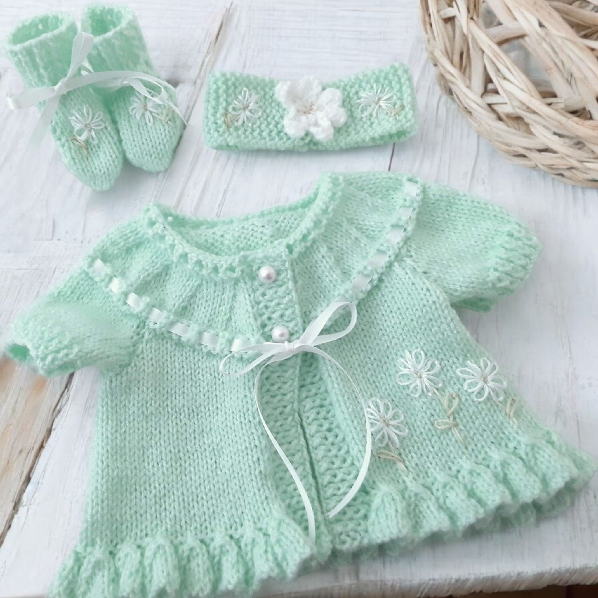 Hand Knitted Baby Girl Outfit with Matching Headband & Booties |  Baby Shower Gift
