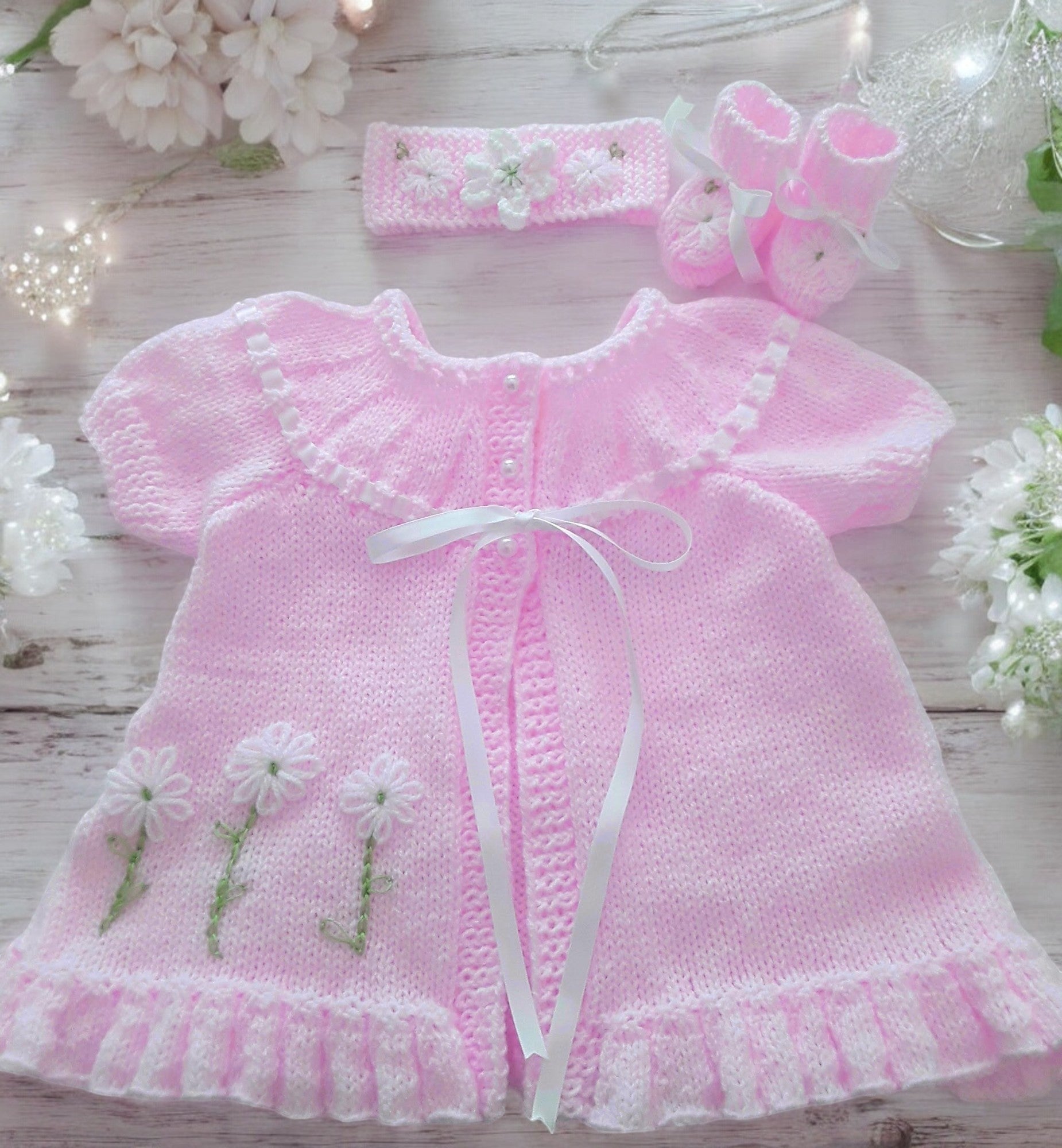 Hand Knitted Baby Girl Outfit with Matching Headband & Booties |  Baby Shower Gift