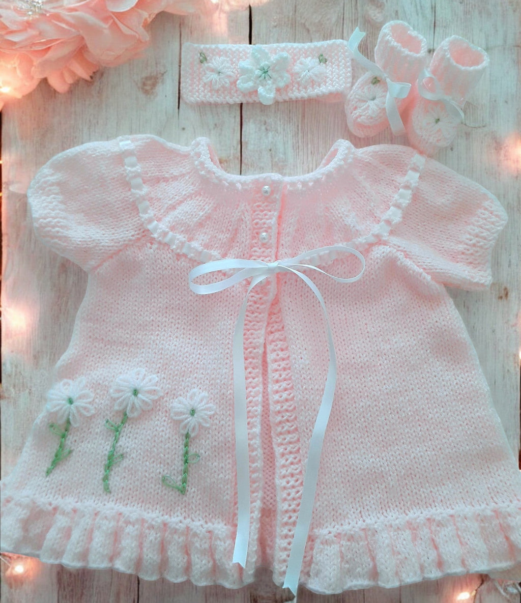 Hand Knitted Baby Girl Outfit with Matching Headband & Booties |  Baby Shower Gift