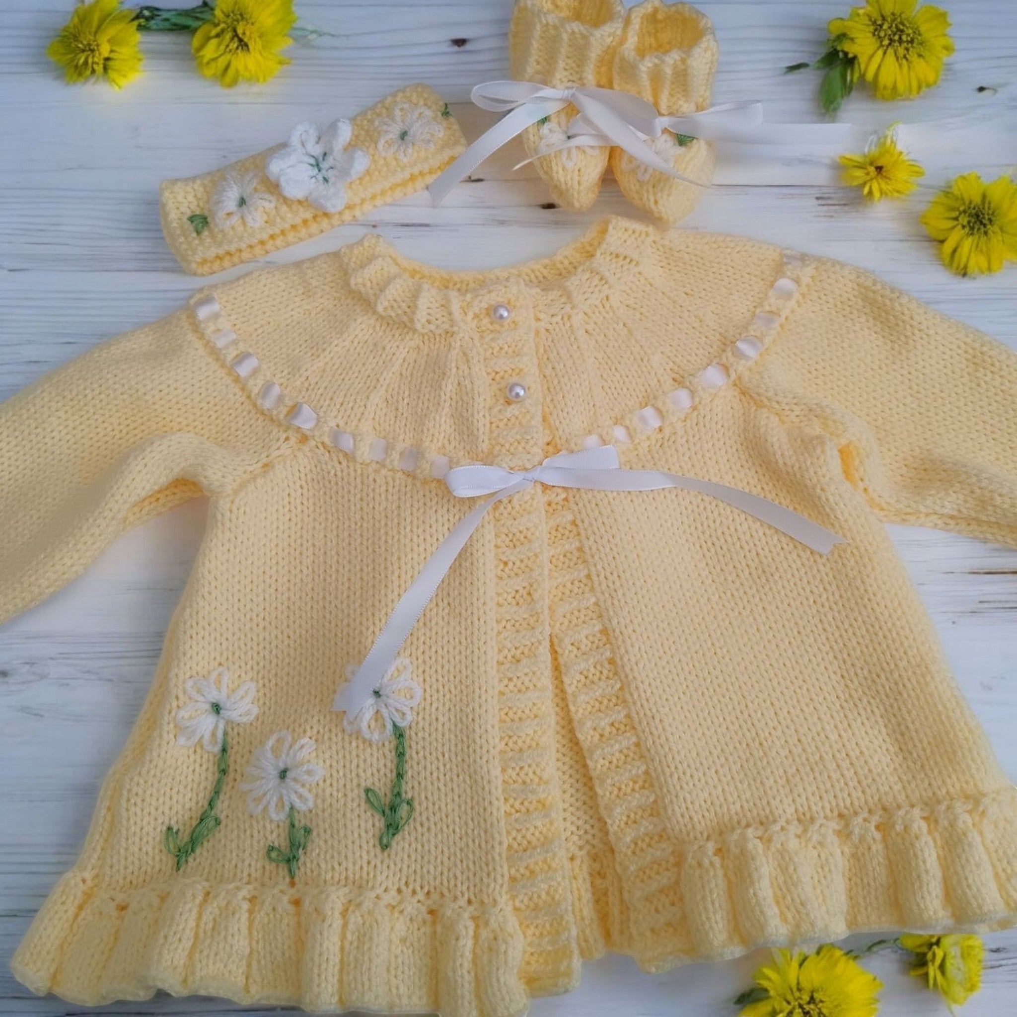 Hand Knitted Baby Girl Outfit with Matching Headband & Booties |  Baby Shower Gift