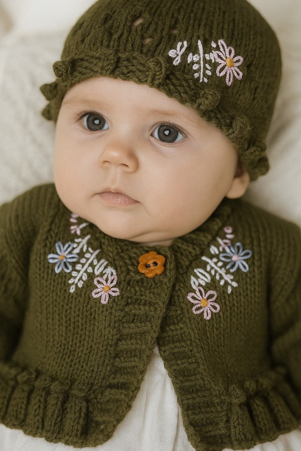 Designer hand knitted baby girl outfit with floral embroidery, frilly cardigan and coordinated hat in green