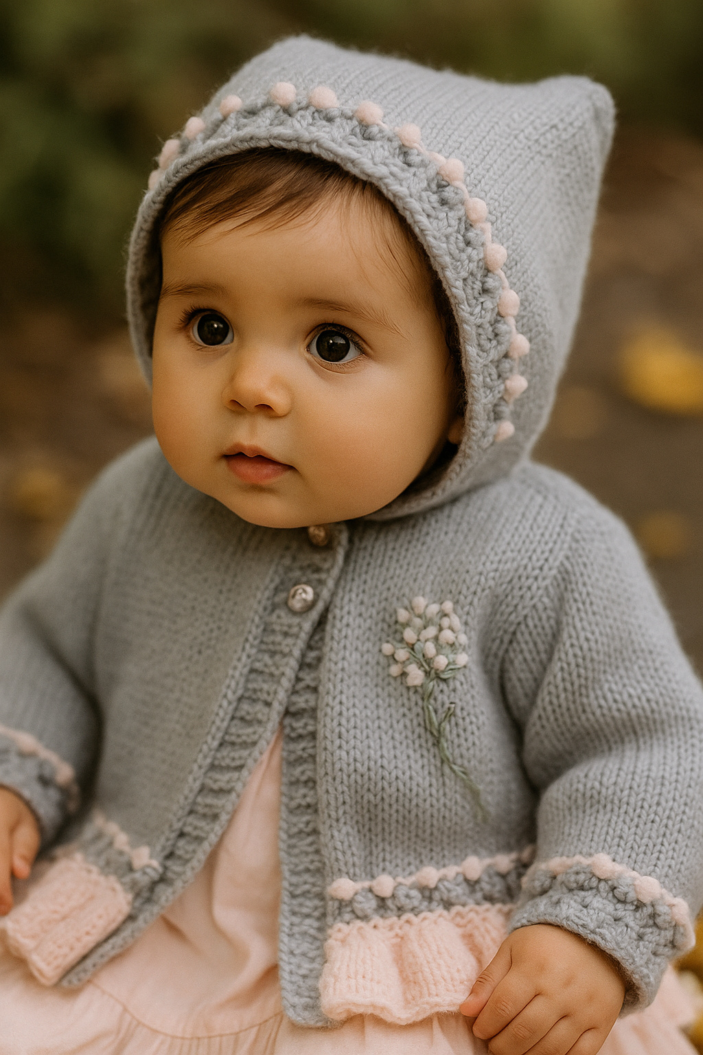 Elegant Frilly Knit Baby Girl Hoodie with Delicate Dandelion Embroidery, silver with your choice of trim colour
