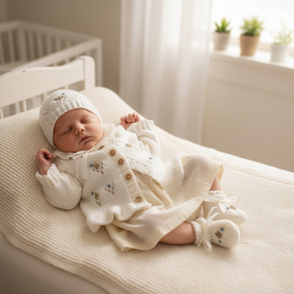 Hand Knitted Baby Girl Outfit with Matching Hat, Mittens & Booties | Embroidered Baby Shower Gift