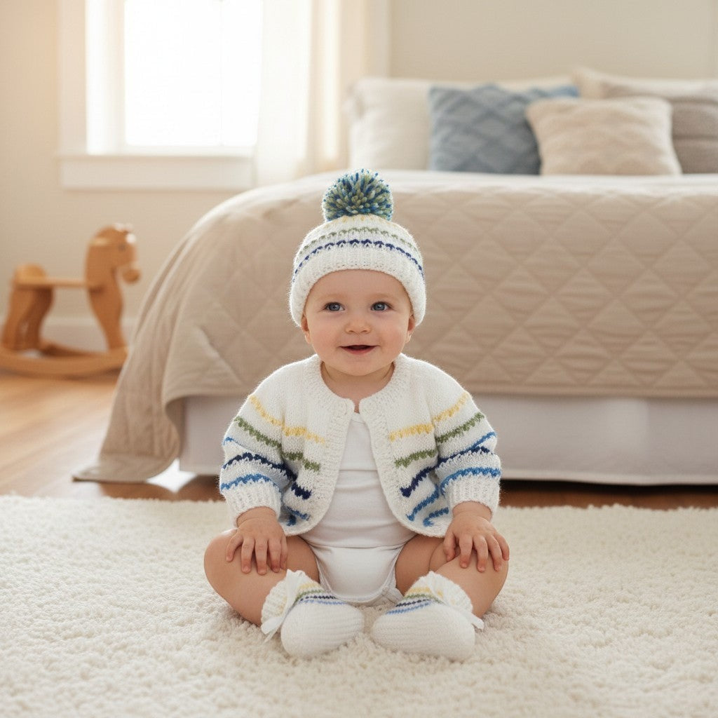 Beautiful handmade gender neutral baby outfit with cardigan, hat and boots. Perfect newborn gift or baby shower present. Sizes Premature to 2 Years.
