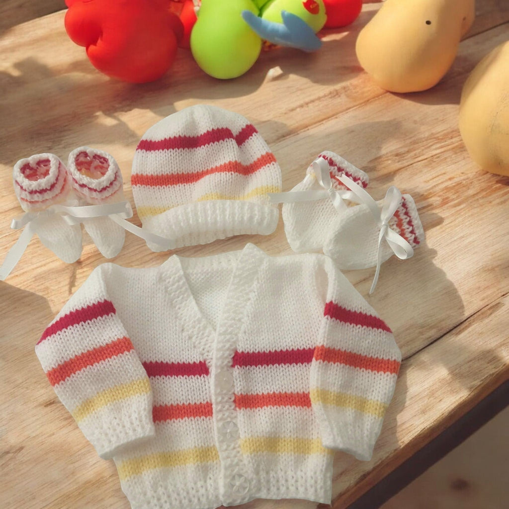 Gender Neutral Knitted stripy Outfit Set – Cardigan with Matching Hat, Mittens and Boots