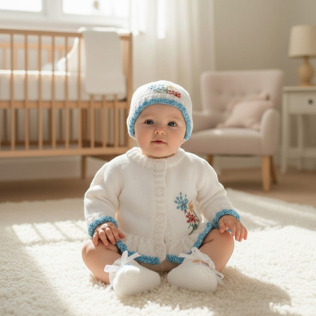 Baby wearing a gemknits4kids white hand-knitted cardigan with floral embroidery, matching hat, and booties in a nursery.