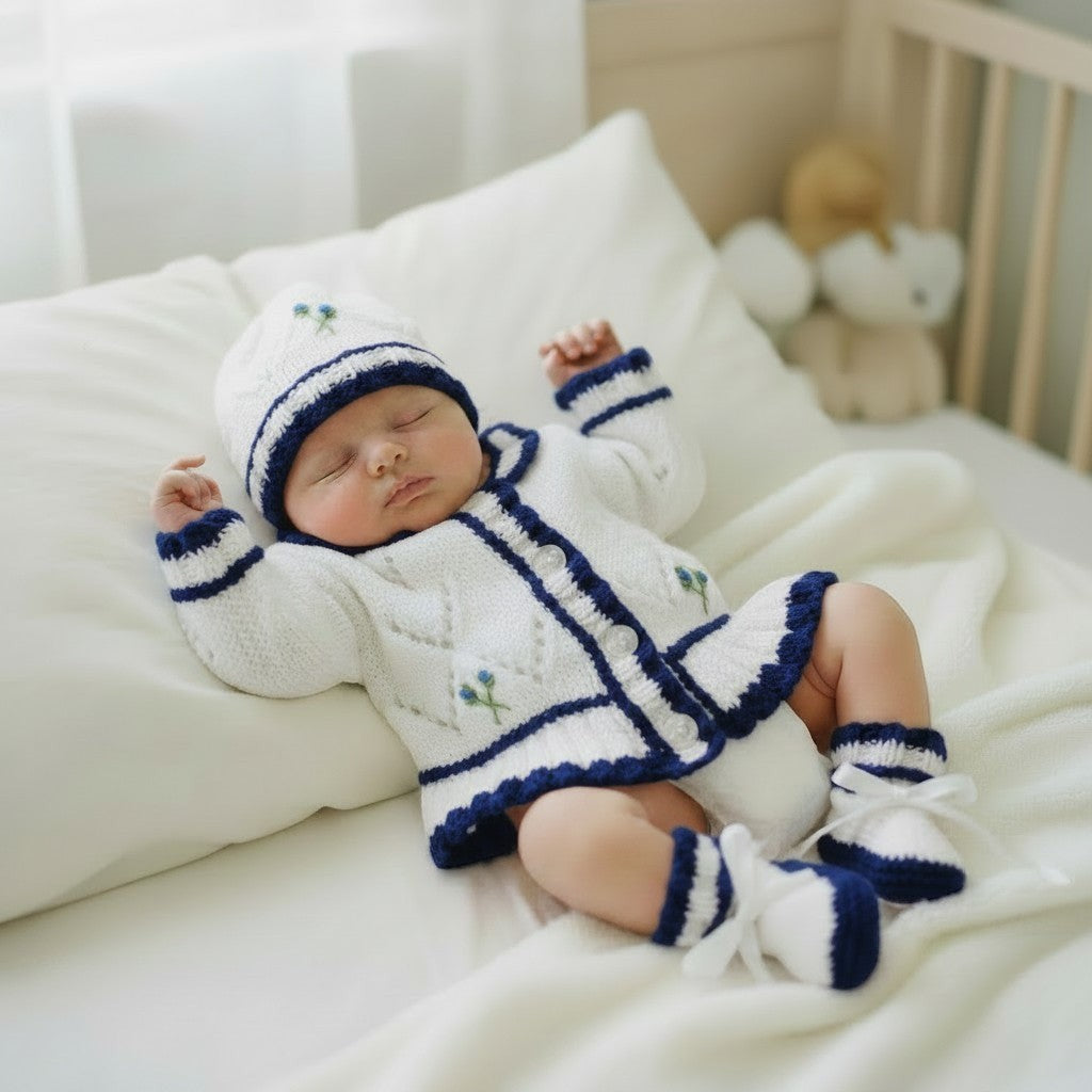 Hand knitted baby girl cardigan set in white and navy featuring a frilly hem, hand embroidered flowers, matching hat, mittens and boots. Unique newborn to toddler outfit, perfect for baby showers, coming home outfits and special occasions.