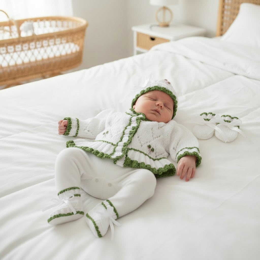 Hand knitted baby girl cardigan set in white and moss green featuring a frilly hem, hand embroidered flowers, matching hat, mittens and boots. Unique newborn to toddler outfit, perfect for baby showers, coming home outfits and special occasions.