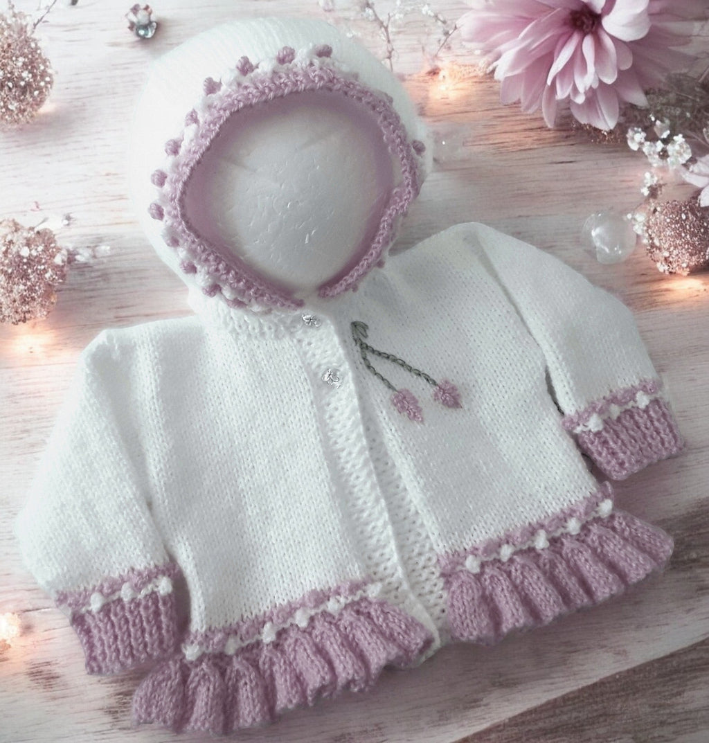 Designer hand knitted baby girl frilly cardigan with hood, floral embroidery in white & blush