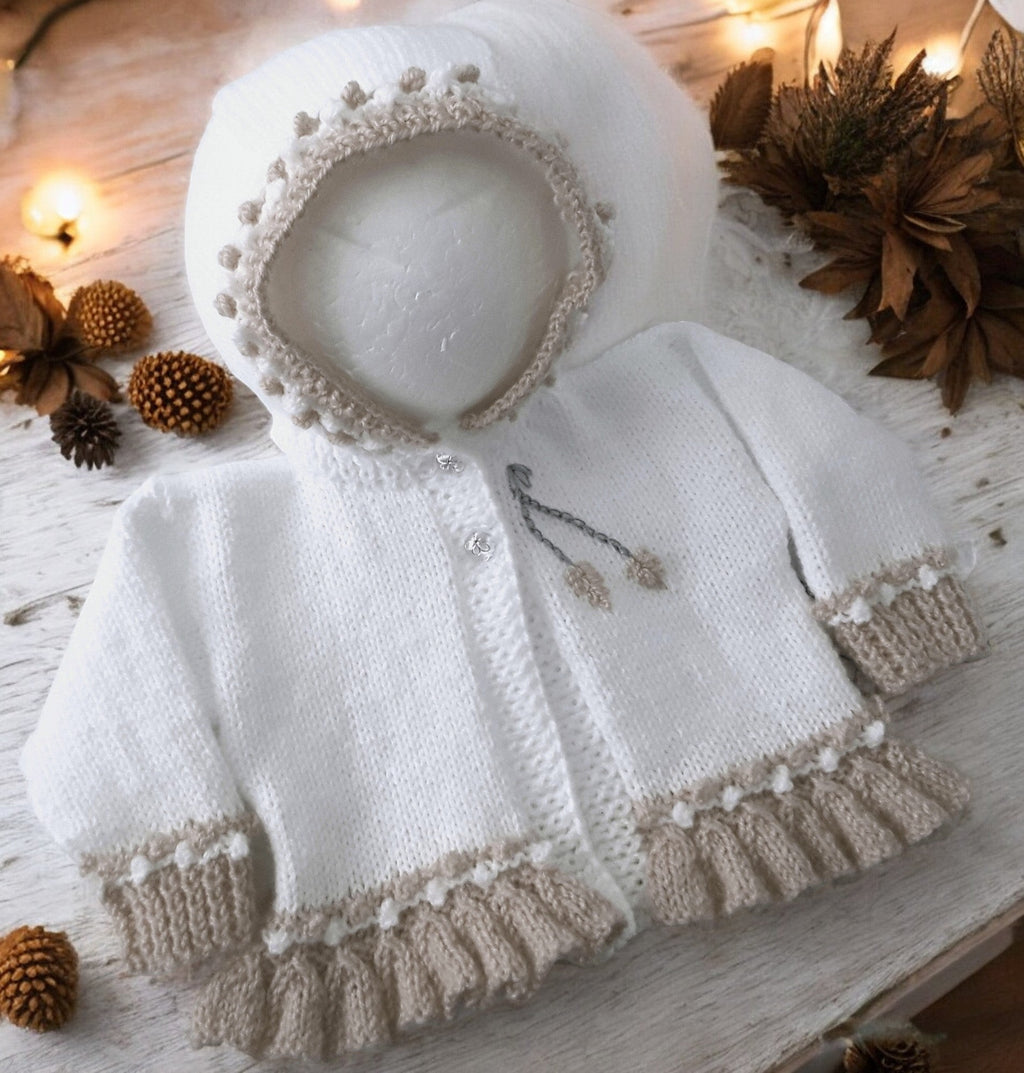 Soft knitted baby cardigan with hood, handmade for newborn babies and toddlers.