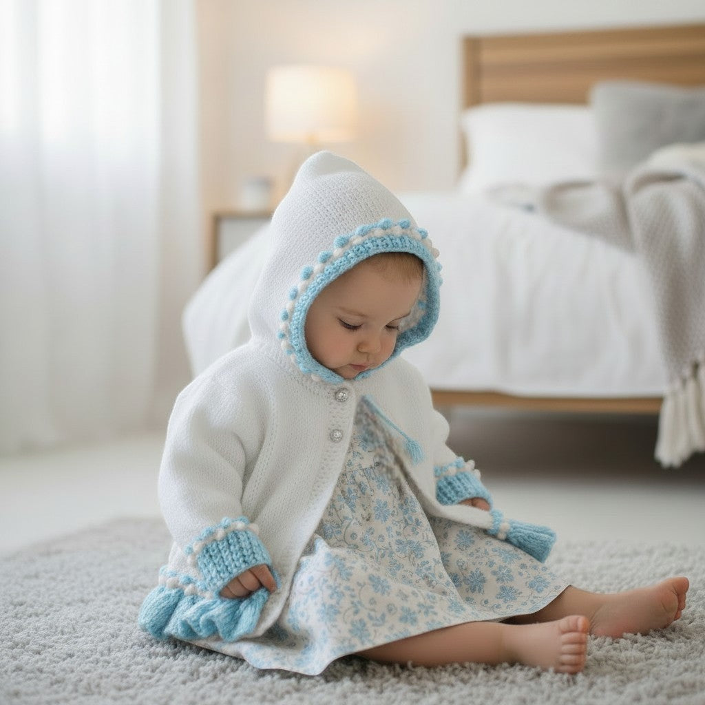 Designer hand knitted baby girl frilly cardigan with hood, floral embroidery in white & blue