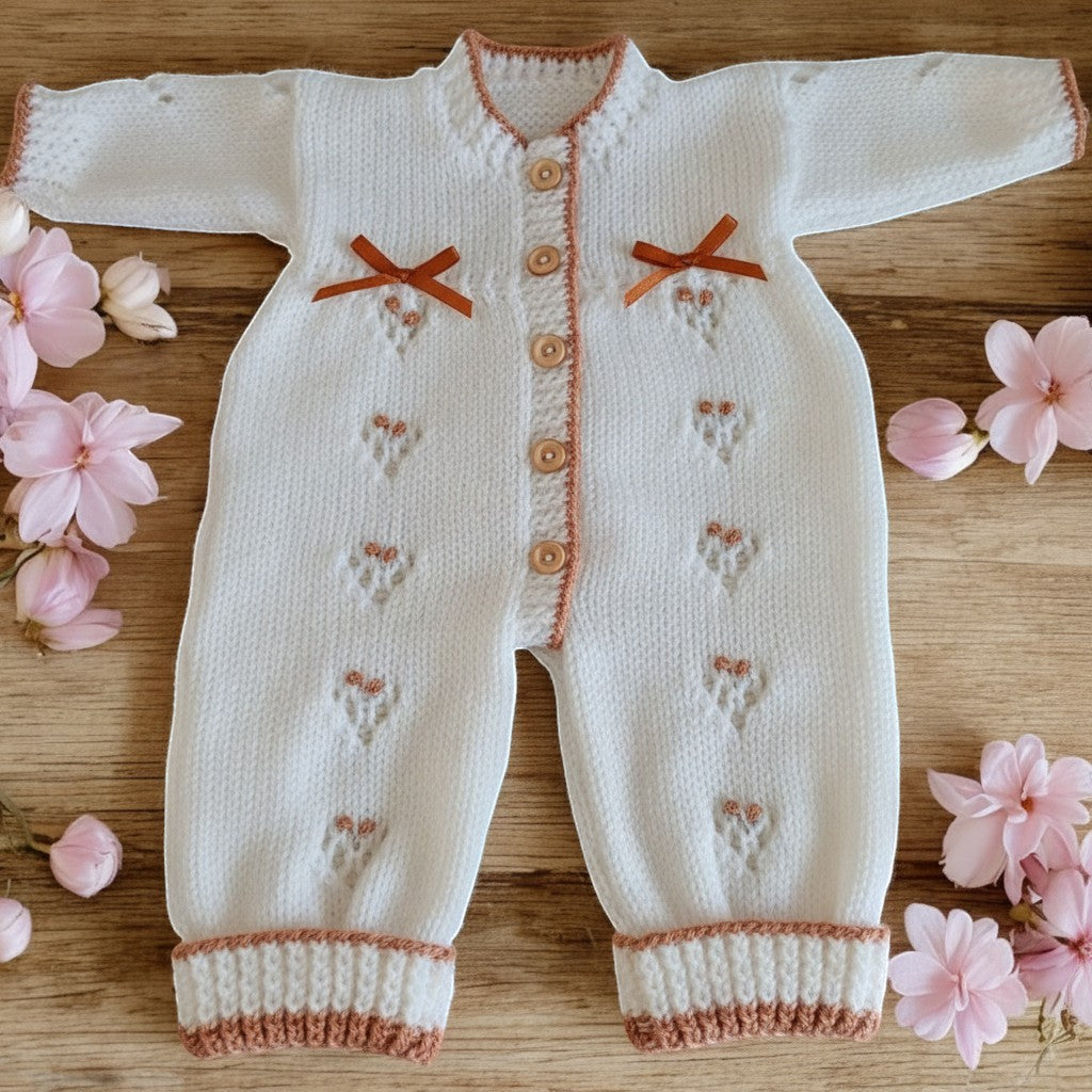 gemknits4kids cream knitted baby romper with copper trim, button front, and delicate floral embroidery details.