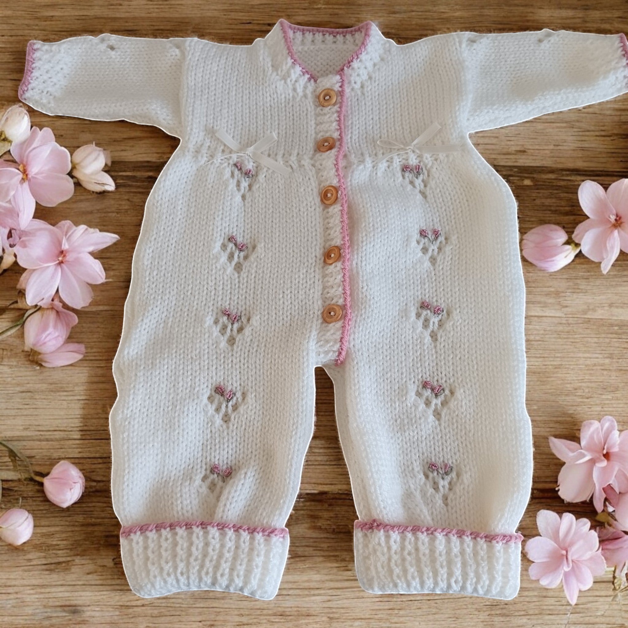 Boutique baby romper suit handmade from premium knitting yarn, ideal as a baby shower gift or newborn coming home outfit in cream and dusky pink