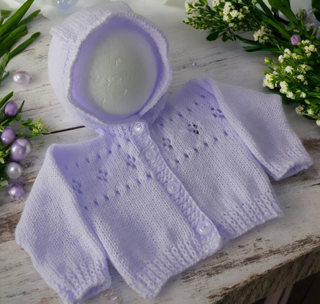 Hand knitted lilac baby hoodie with hood, handmade newborn cardigan, gender neutral baby sweater, baby shower gift, coming home outfit