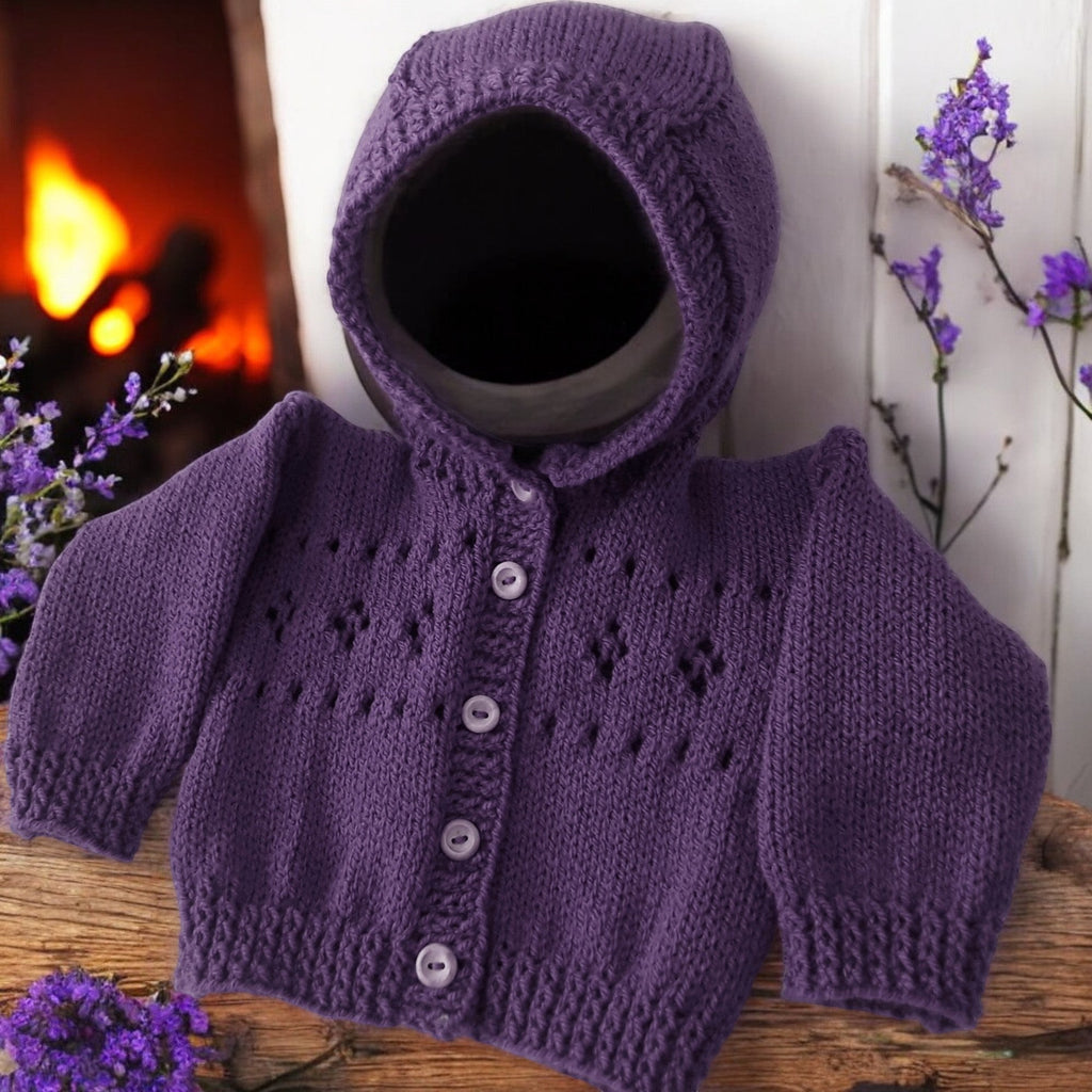 Hand knitted purple baby hoodie with hood, handmade newborn cardigan, gender neutral baby sweater, baby shower gift, coming home outfit