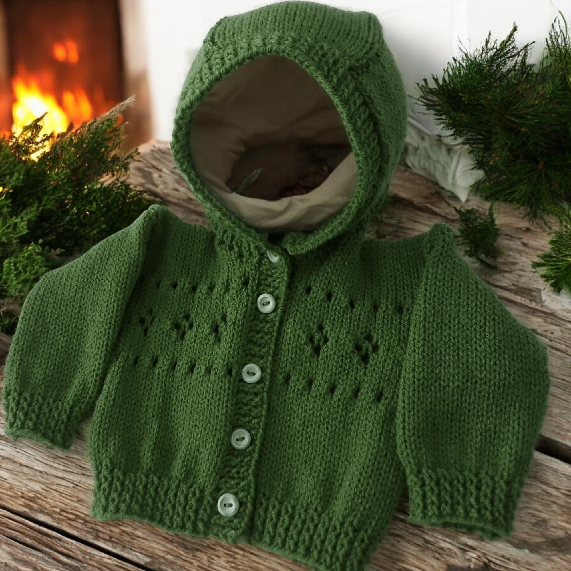 Hand knitted green baby hoodie with hood, handmade newborn cardigan, gender neutral baby sweater, baby shower gift, coming home outfit