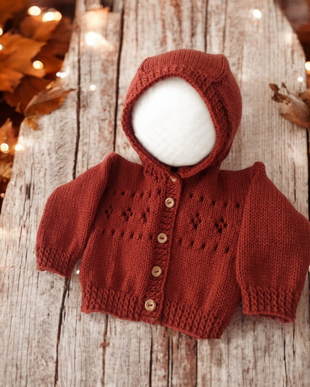 Hand knitted copper baby hoodie with hood, handmade newborn cardigan, gender neutral baby sweater, baby shower gift, coming home outfit
