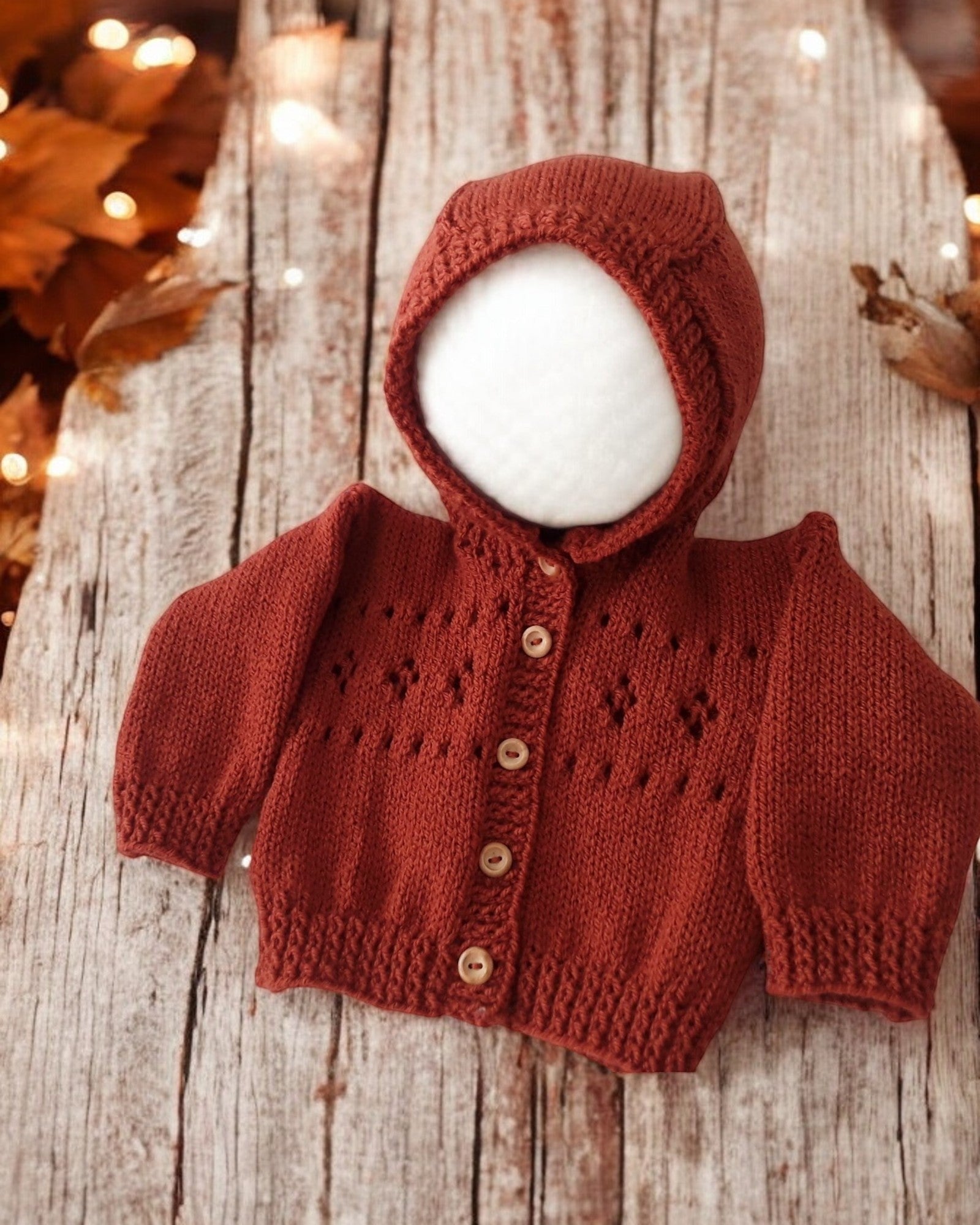 Hand knitted copper baby hoodie with hood, handmade newborn cardigan, gender neutral baby sweater, baby shower gift, coming home outfit