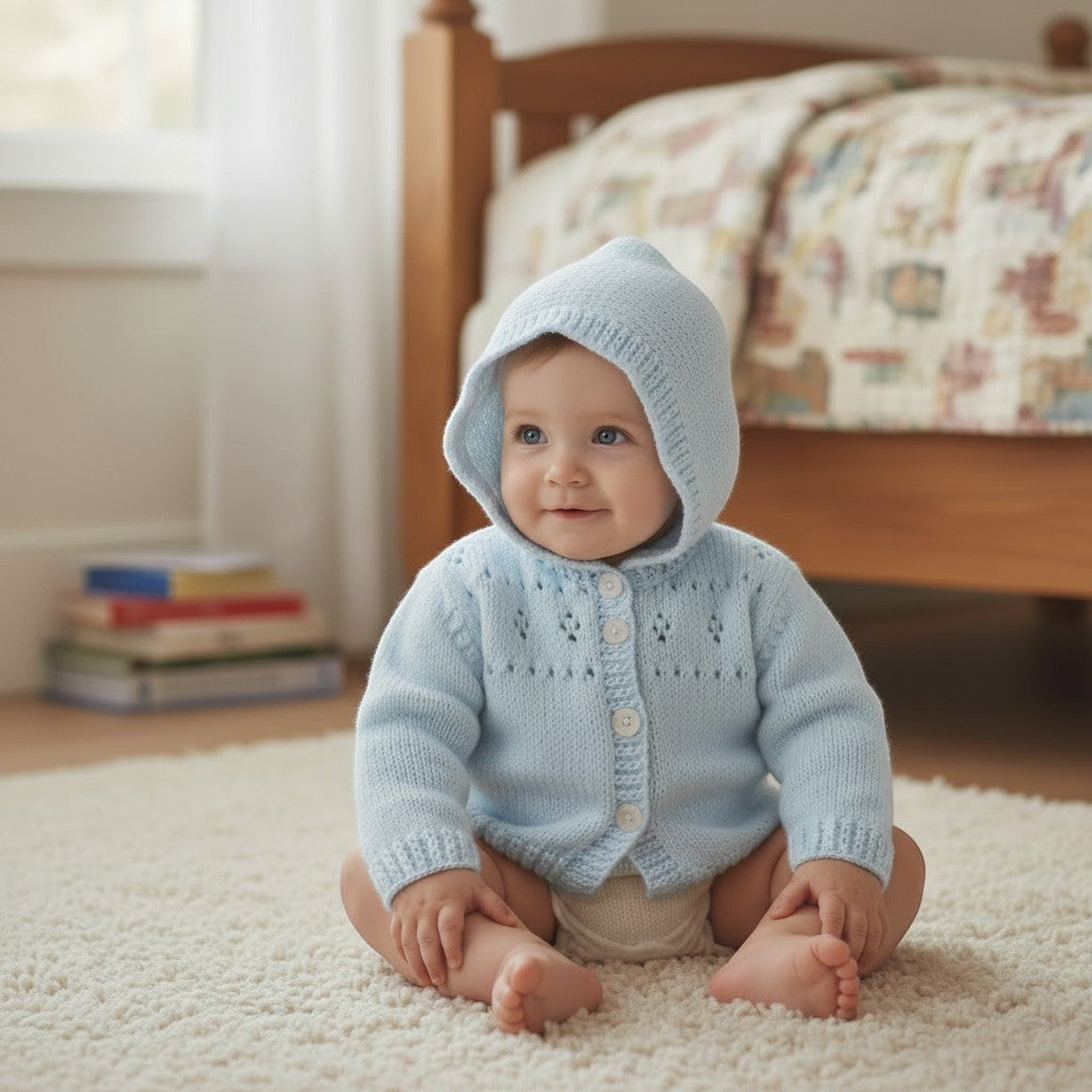 Hand knitted blue baby hoodie with hood, handmade newborn cardigan, gender neutral baby sweater, baby shower gift, coming home outfit