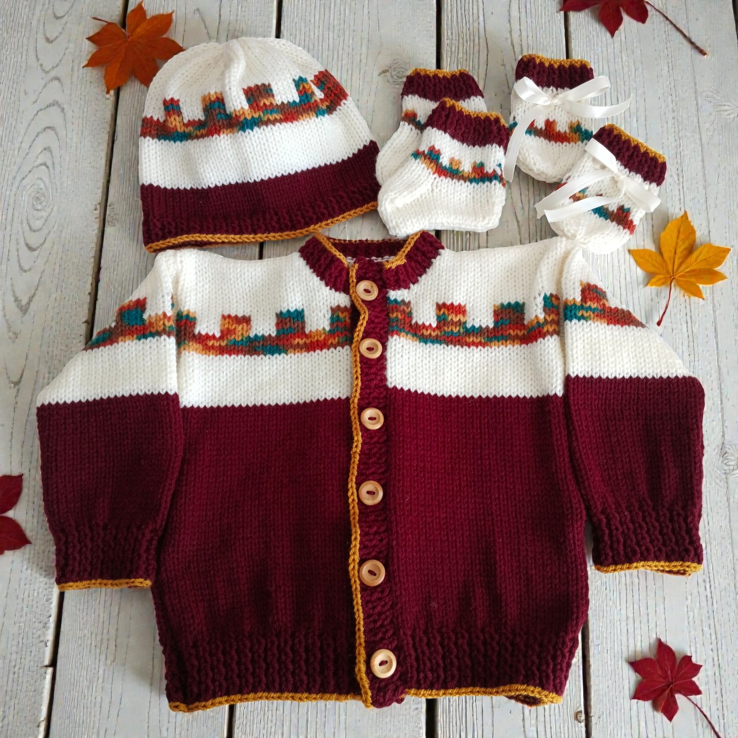 Boys Fair Isle Design Knitted Cardigan Set – Includes Matching Hat, Mitts, and Socks