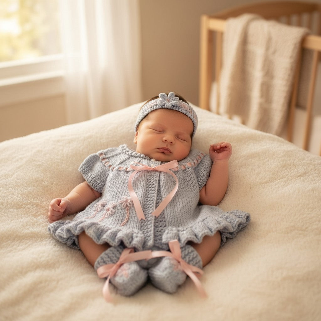 Hand Knitted Baby Girl Outfit with Matching Headband & Booties |  Baby Shower Gift