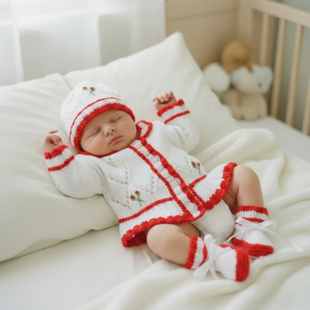 Frilly Baby Girl Cardigan with Beautiful Embroidery – Matching Hat, Mittens, and Boots Set