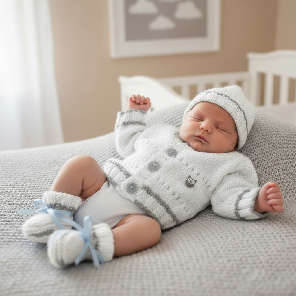 Newborn Baby Cardigan Set with Hat & Booties | Handmade Baby Gift