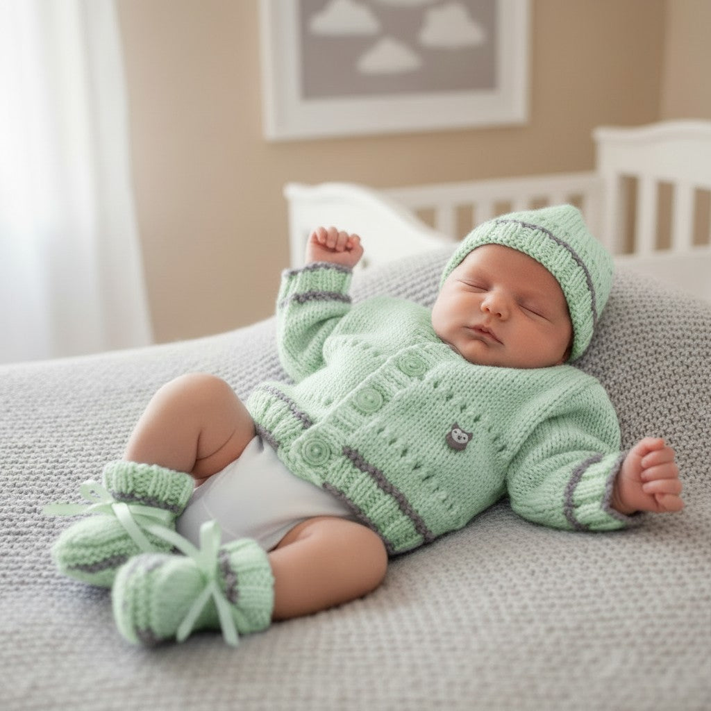 Newborn Baby Cardigan Set with Hat & Booties | Handmade Baby Gift