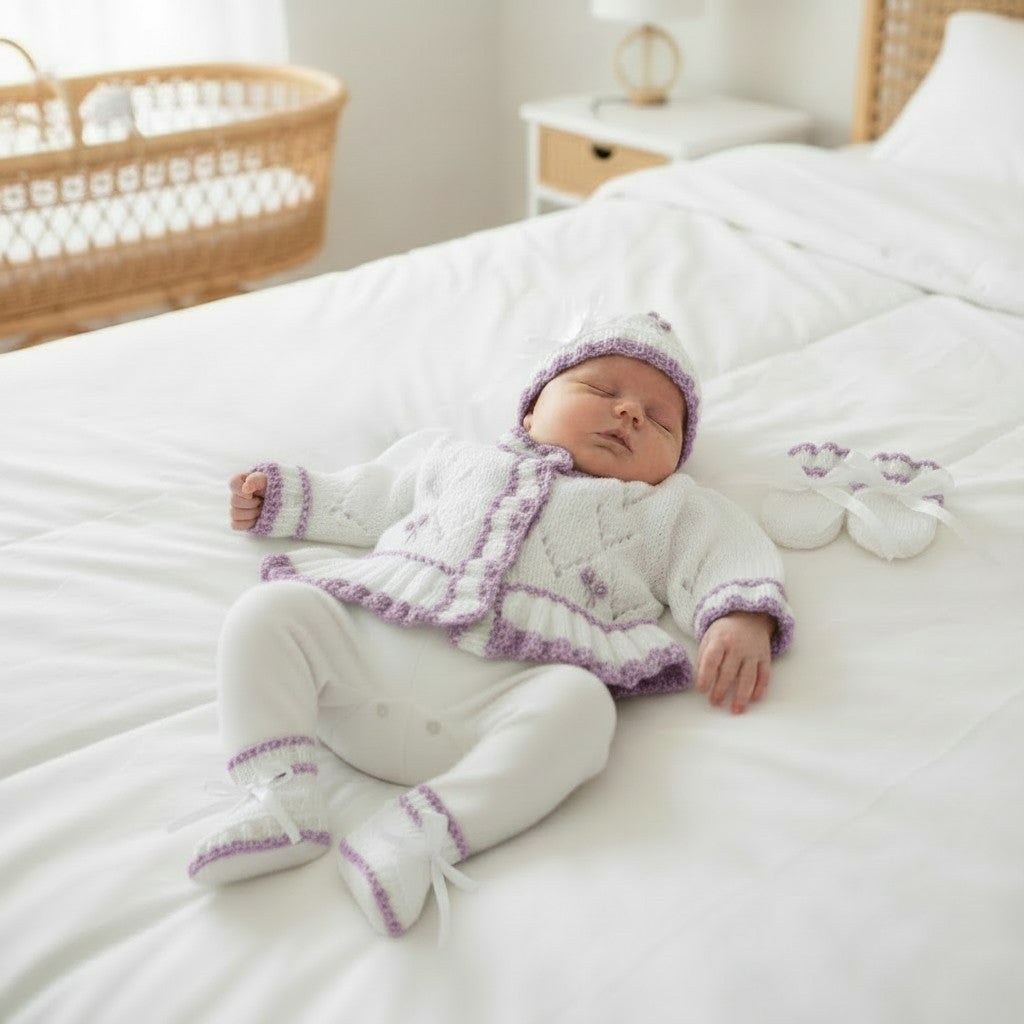 Frilly Baby Girl Cardigan with Beautiful Embroidery – Matching Hat, Mittens, and Boots Set