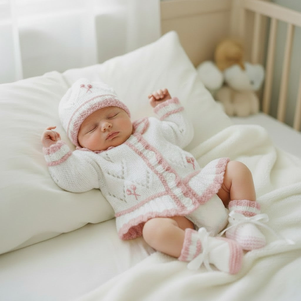Frilly Baby Girl Cardigan with Beautiful Embroidery – Matching Hat, Mittens, and Boots Set