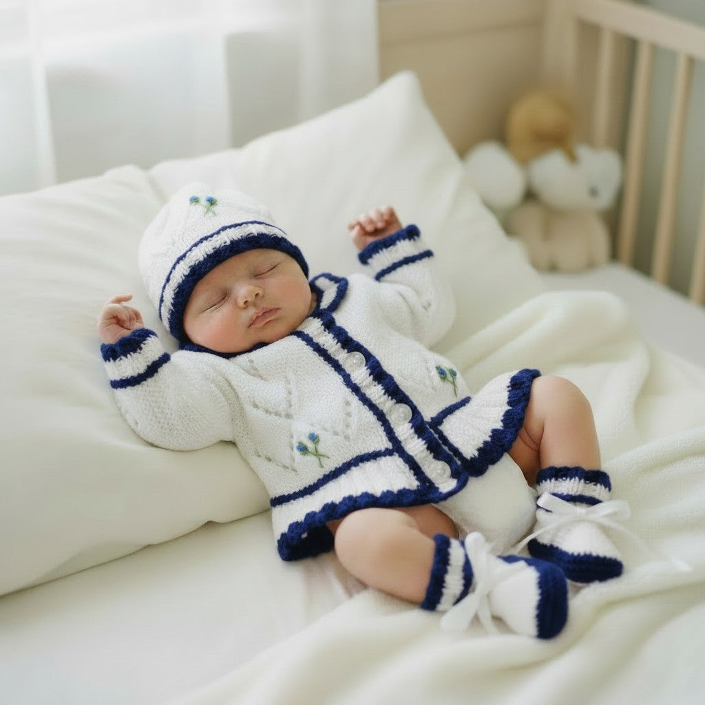 Frilly Baby Girl Cardigan with Beautiful Embroidery – Matching Hat, Mittens, and Boots Set