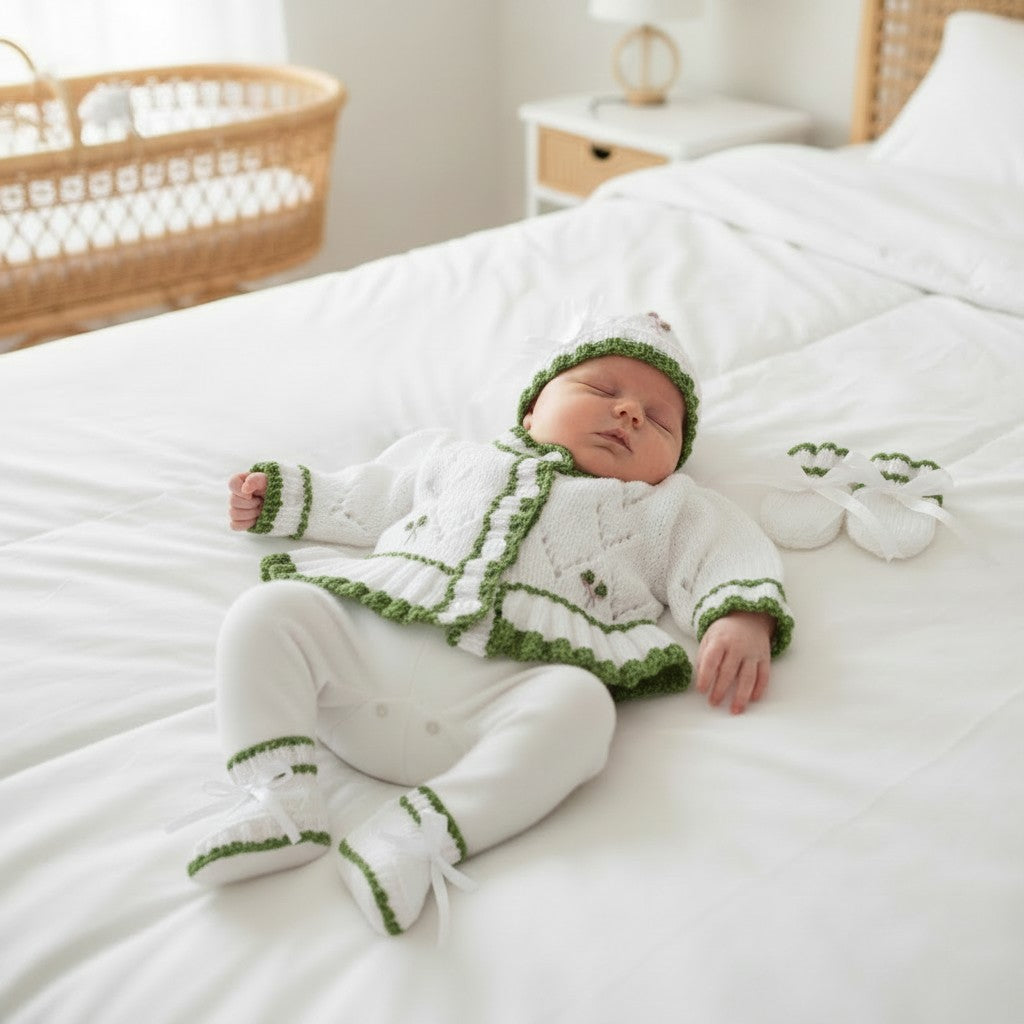 Frilly Baby Girl Cardigan with Beautiful Embroidery – Matching Hat, Mittens, and Boots Set
