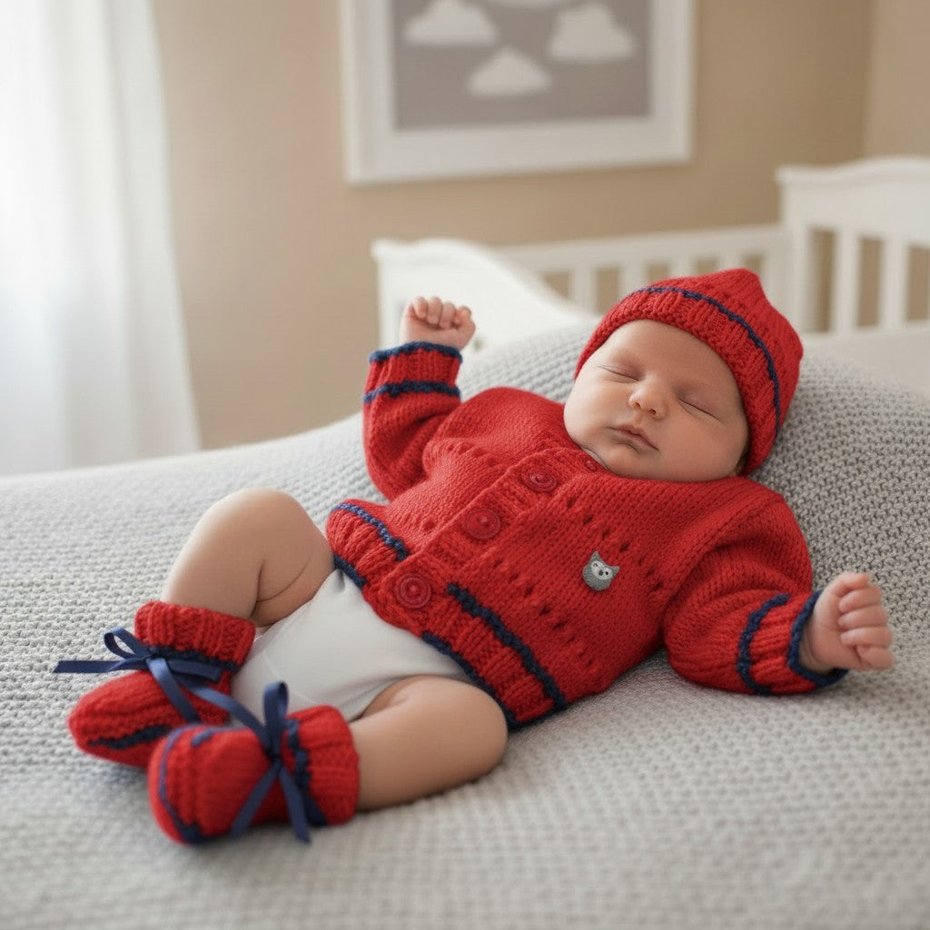 Newborn Baby Cardigan Set with Hat & Booties | Handmade Baby Gift
