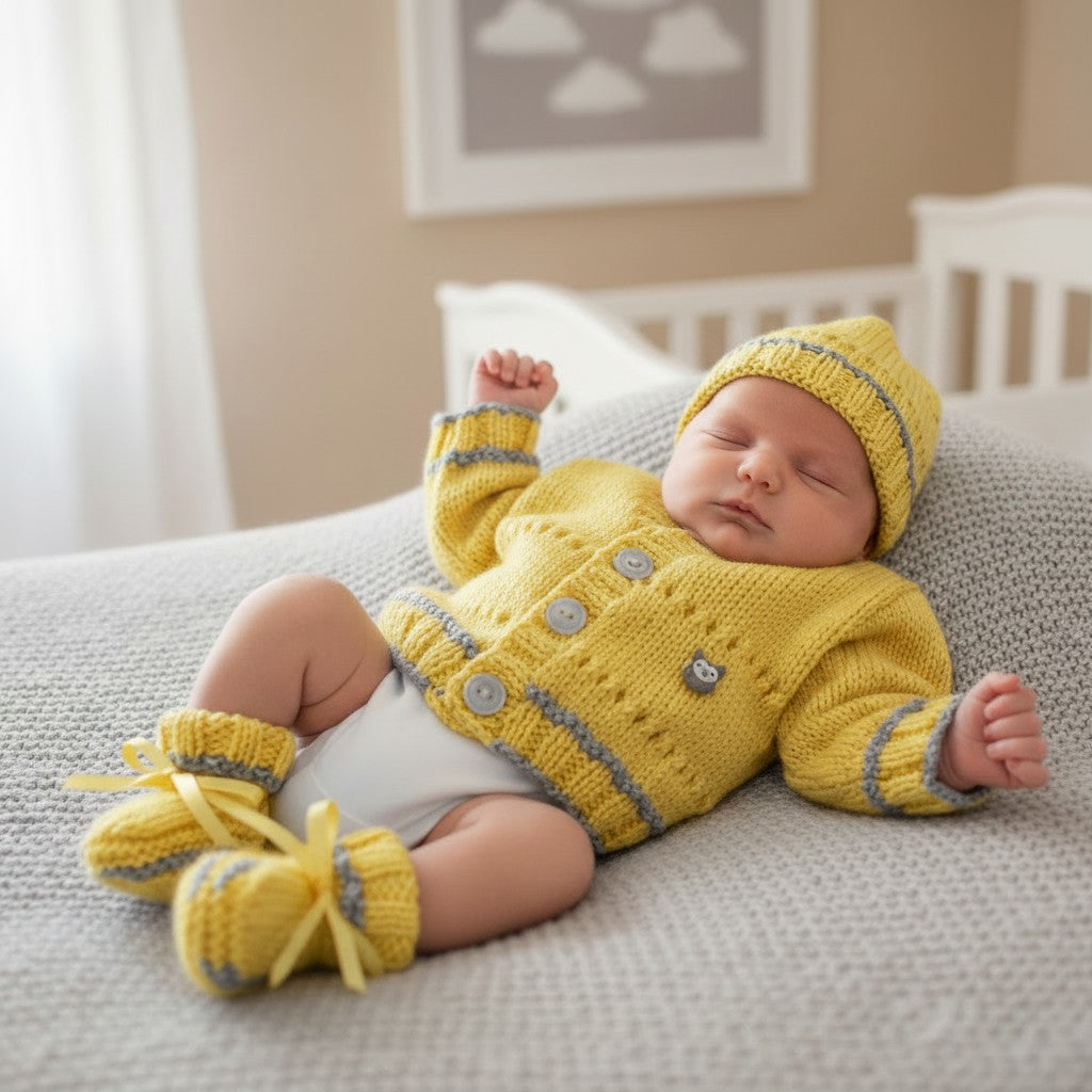 Newborn Baby Cardigan Set with Hat & Booties | Handmade Baby Gift