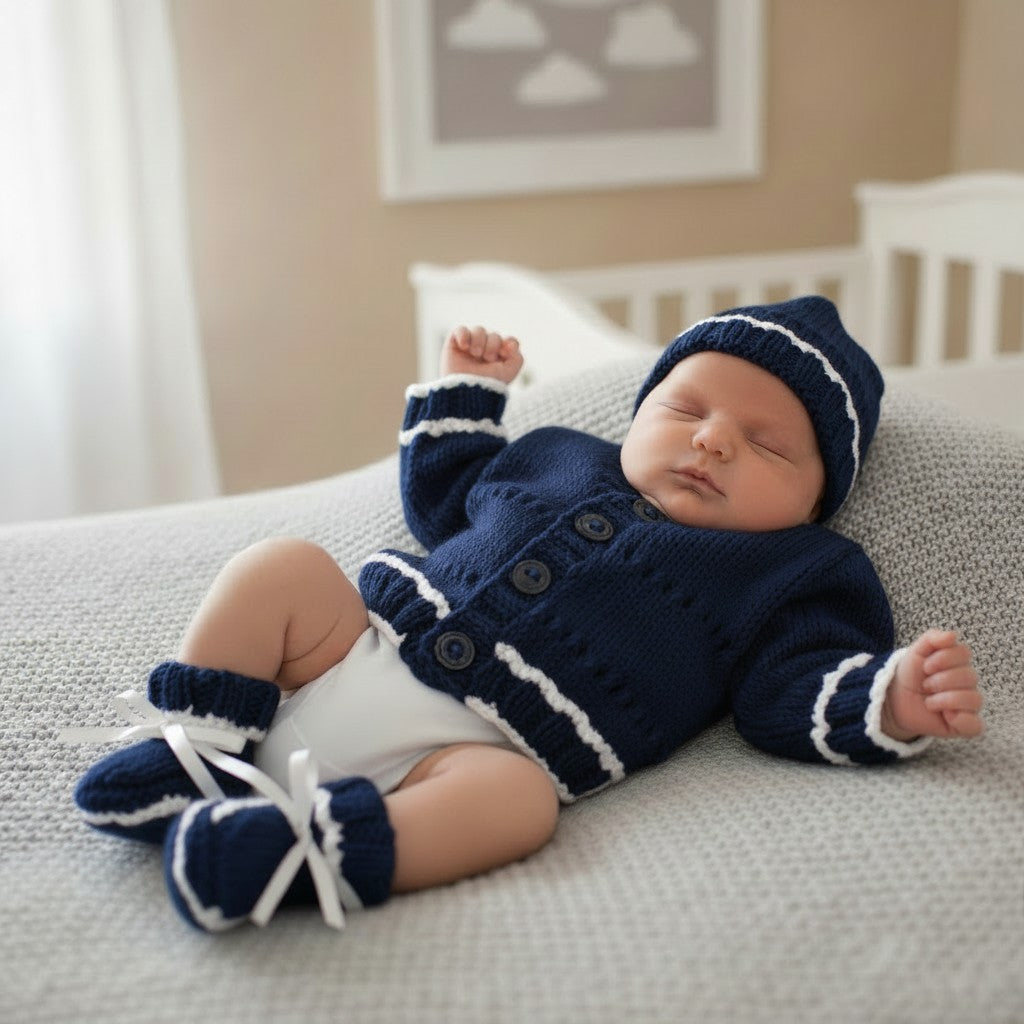Newborn Baby Cardigan Set with Hat & Booties | Handmade Baby Gift