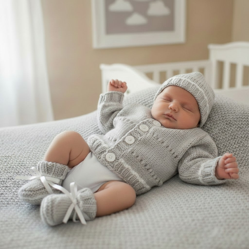Newborn Baby Cardigan Set with Hat & Booties | Handmade Baby Gift