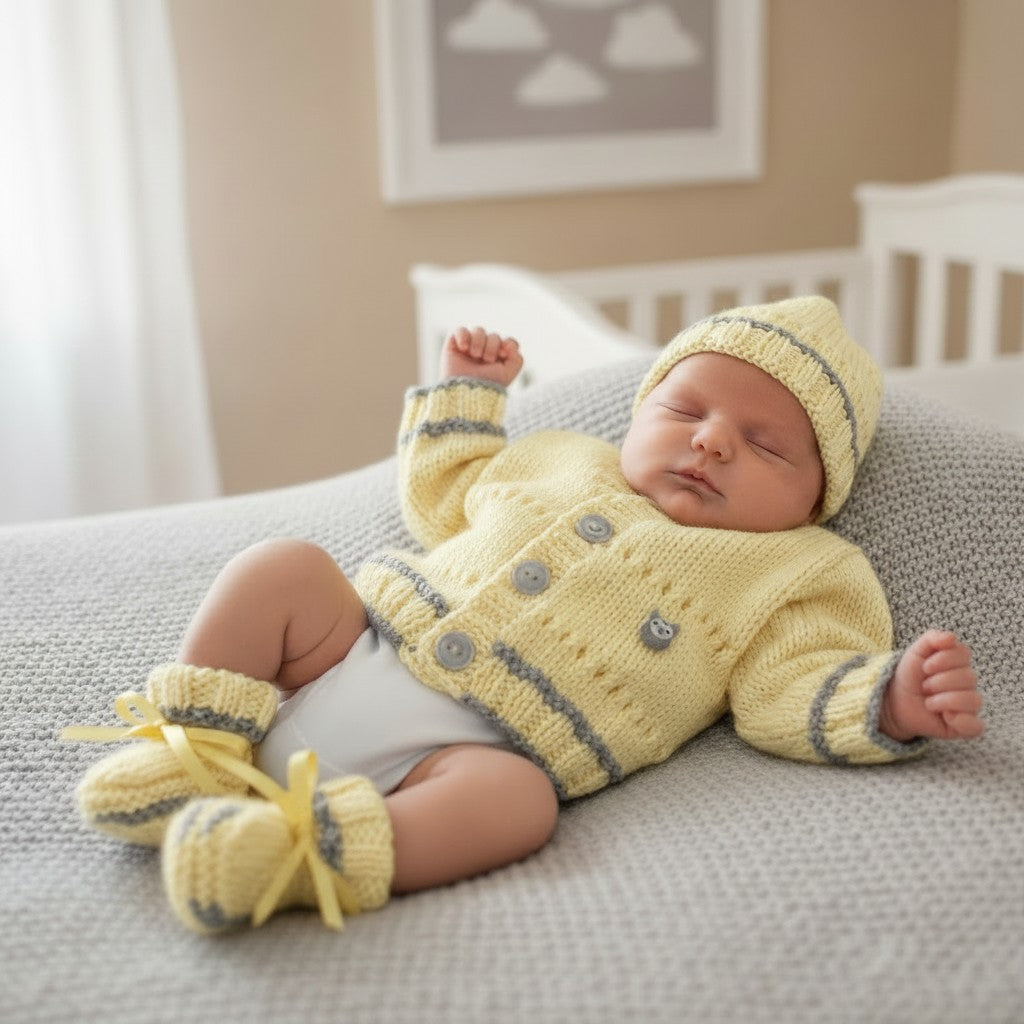 Newborn Baby Cardigan Set with Hat & Booties | Handmade Baby Gift