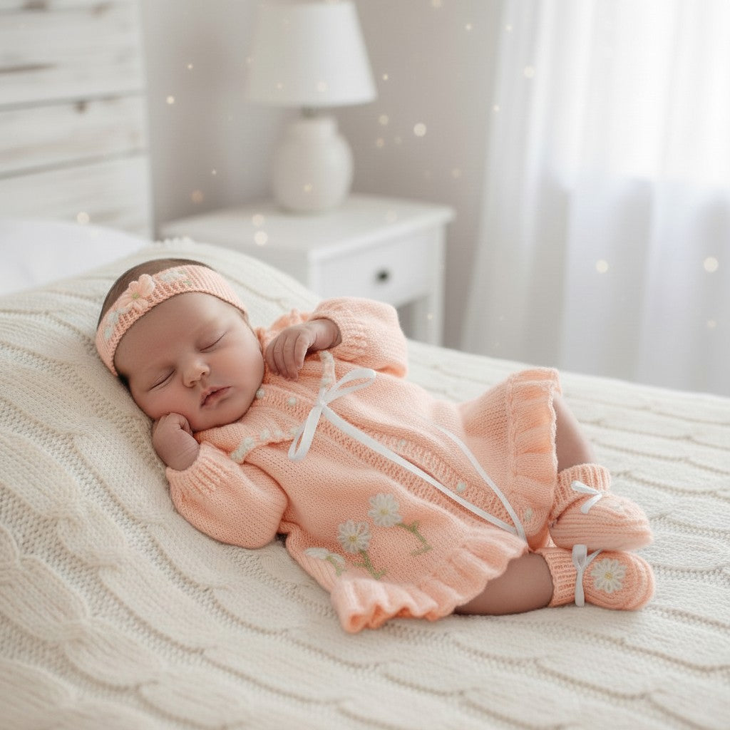 Beautiful Baby Girl Yoke Cardigan with Coordinated Headband & Booties